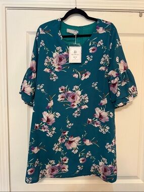 Belongsci Teal Floral V-Neck Dress